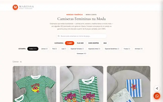 Página de camisetas da loja Maressa